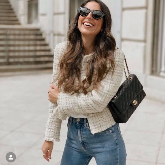 MANGO cream tweed collarless flap pockets jacket blogger zara competitor brand - Picture 2 of 9